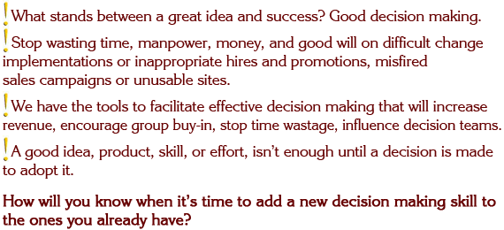 What stands between a great idea and success? Good decision making. Stop wasting time, manpower, money, and good will on difficult change implementations or inappropriate hires and promotions, misfired salescampaigns or unusable sites. We have the tools to facilitate effective.
